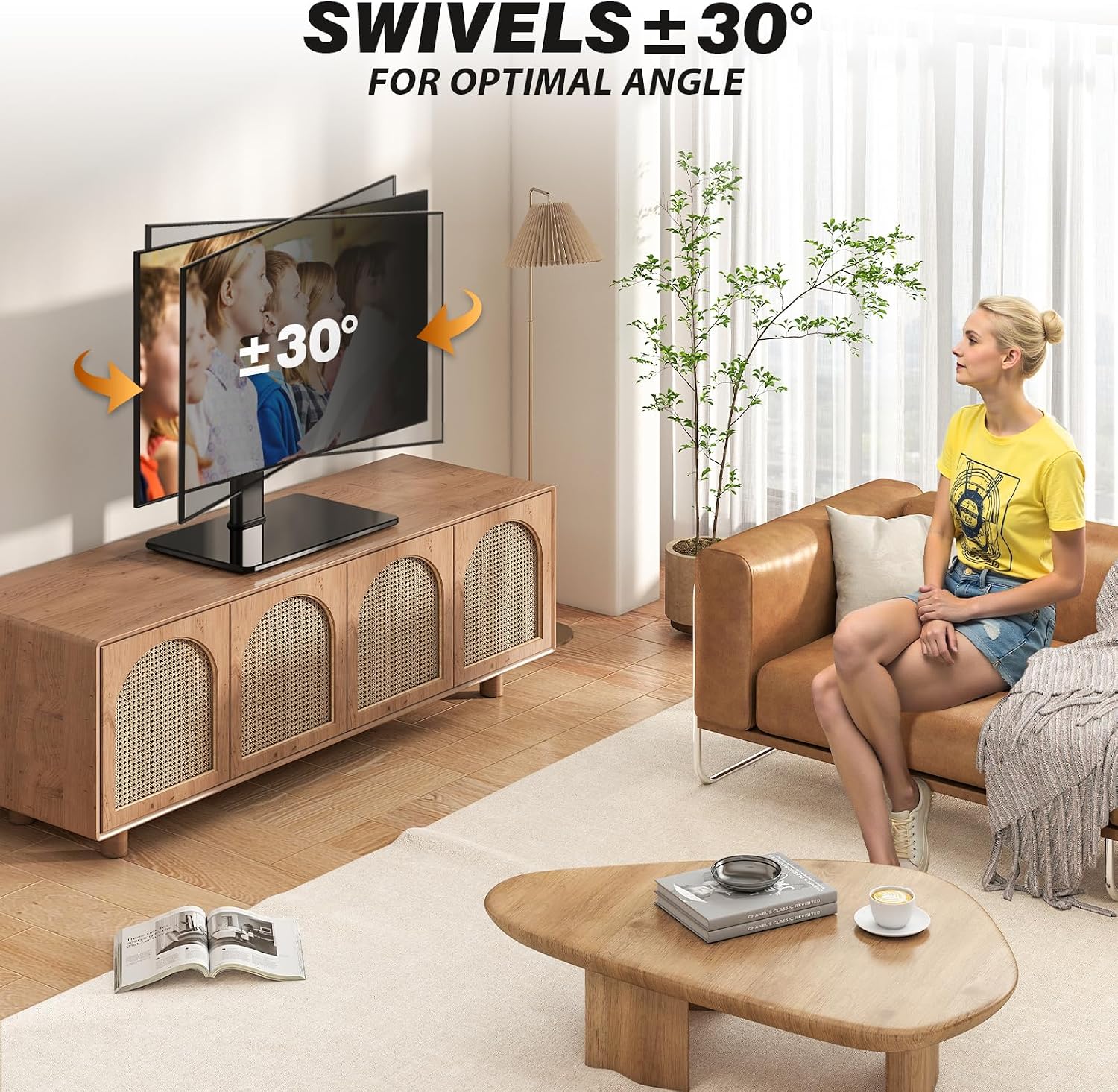 5Rcom Universal Swivel TV Stand for 27-60 inch Curved/Flat Screen TVs, Table Top TV Base Replacement Holds up to 88 lbs, Height Adjustable TV Stand Mount with Tempered Glass Base, MAX VESA 400x400mm | Height Adjustable Table Top TV Base Replacement
