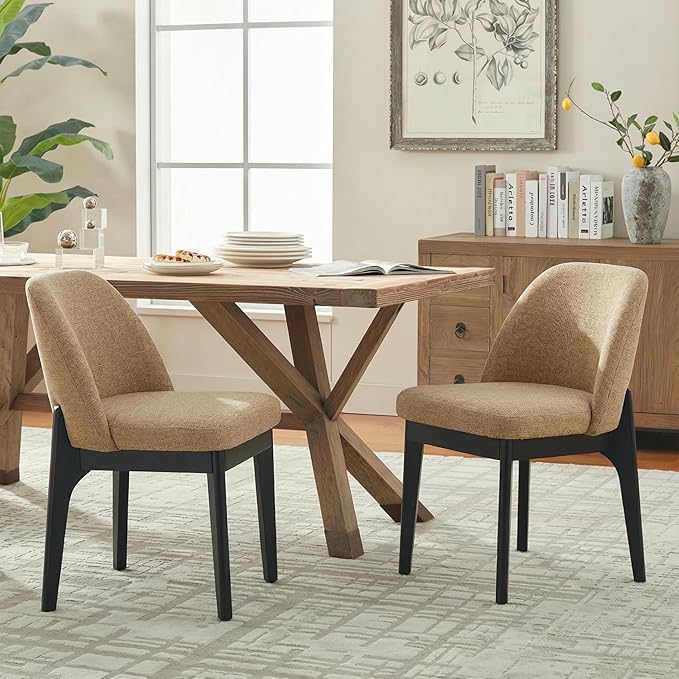 VKNOW Wooden Dining Chairs Set of 2, Upholstered Dining Room Chairs with Rubberwood Legs and Padded Seats, Kitchen Chairs for Restaurant Kitchen Living Room, Ochre Yellow