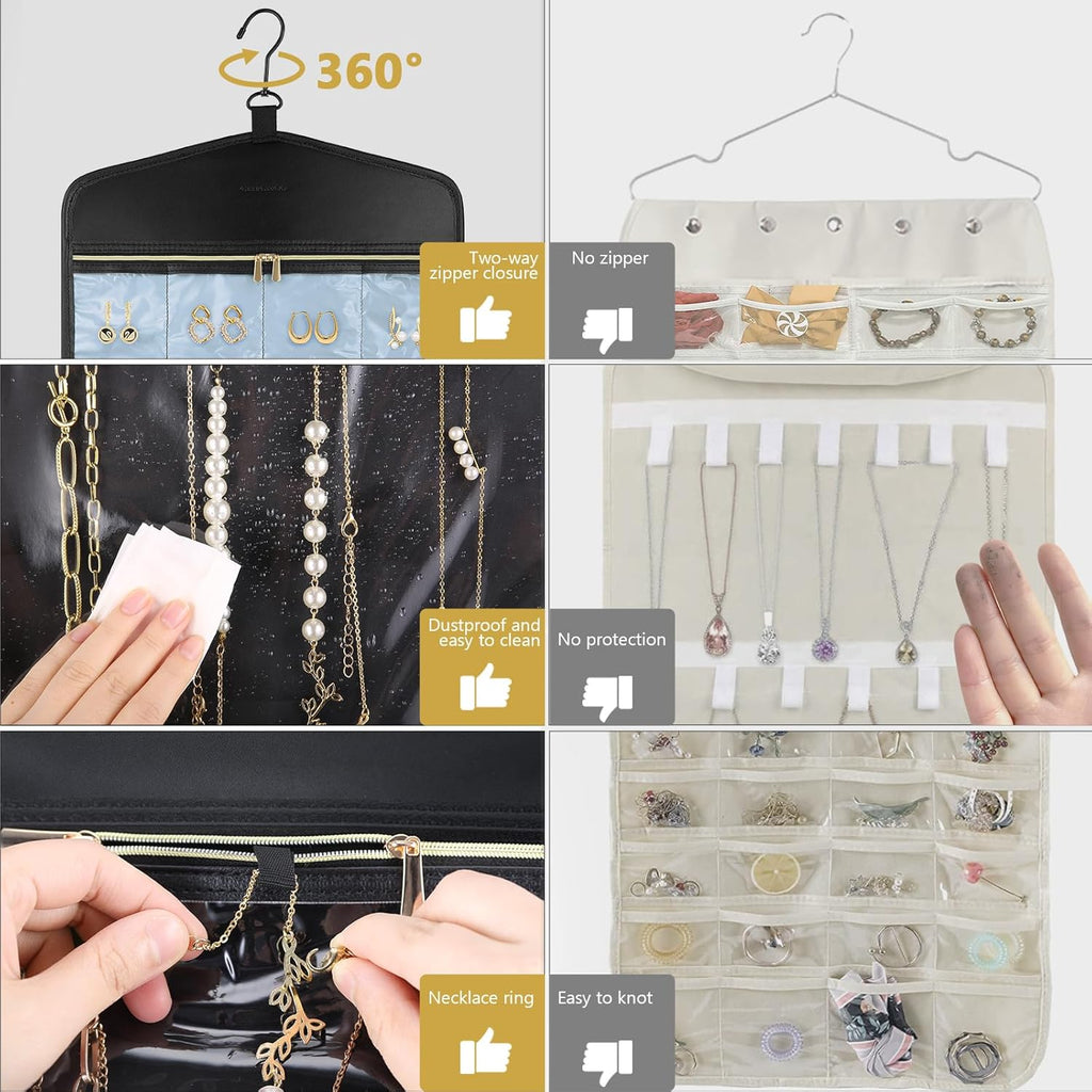 CHICECO Travel Jewelry Holder Organizer,Hanging Jewelry Organizer Storage with Zippered Pockets for Cloest,Jewelry Holder for Earrings, Necklaces (Blue Black)