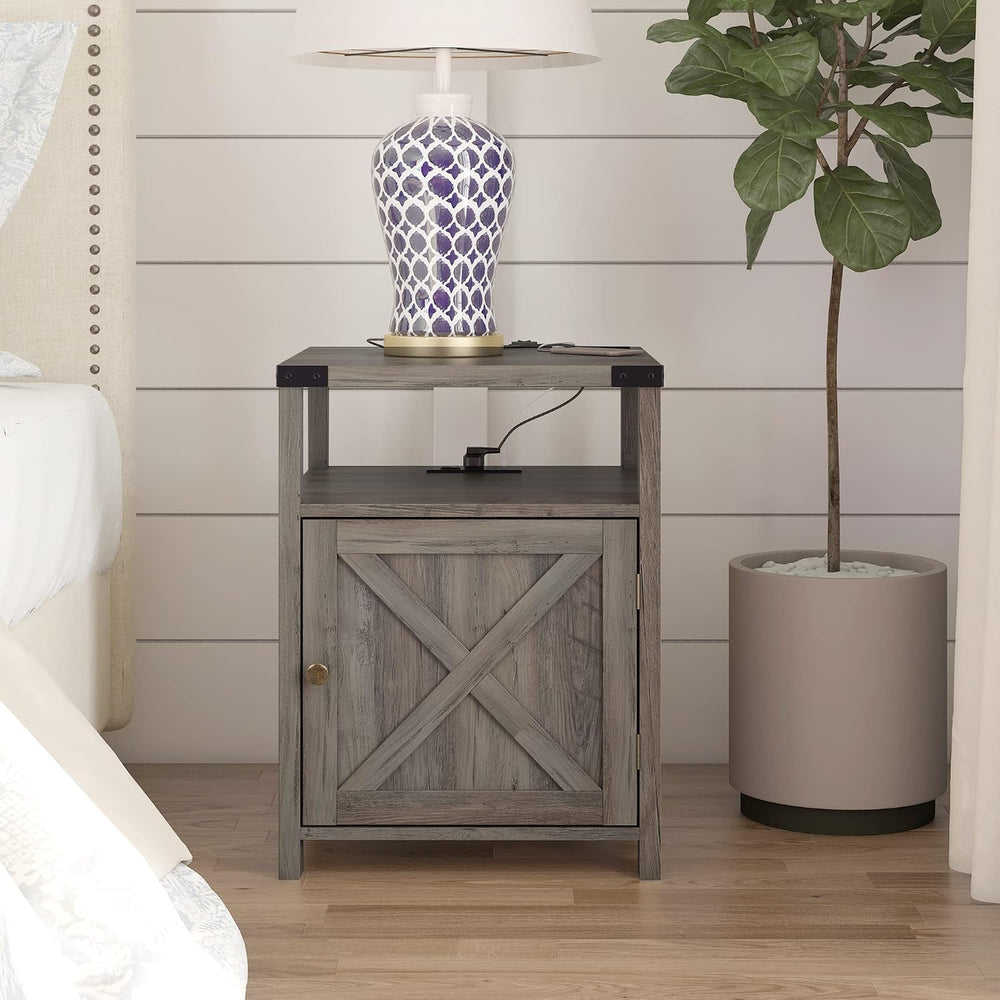 Farmhouse Nightstand with Charging Station, Rustic End Table Bedroom with Sto...