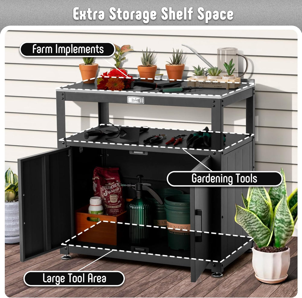 Garden Potting Bench with Storage Cabinet, Outdoor Gardening Table & Work...