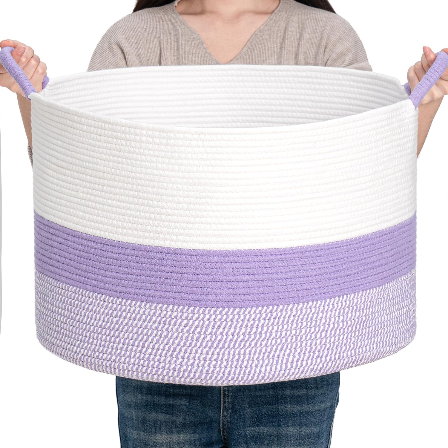 CLHMILY&Z Round Cotton Rope Storage Basket - 22x14.2 Inches - Cute Nursery Bin, Baby Toy Organizer, Lavender Organizer for Home Decor, Multi-Purpose Home Tidy Solution
