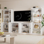 TUSY 71" TV Stand Storage Set - 2 Tall Bookcases & 2 Side Cabinets, Media Console with Glass & Wood Doors, Entertainment Center with Drawers, Tall Media Console for Living Room (White, ACCA)