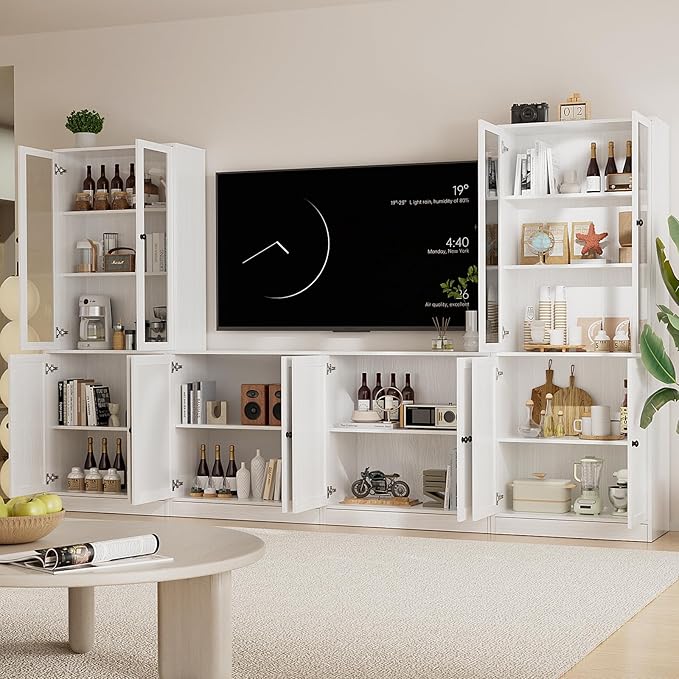 TUSY 71" TV Stand Storage Set - 2 Tall Bookcases & 2 Side Cabinets, Media Console with Glass & Wood Doors, Entertainment Center with Drawers, Tall Media Console for Living Room (White, ACCA)