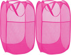 2 Pack Sturdy Mesh Pop up Laundry Hamper Basket with Side Pocket for Laundry Room, Bathroom, Kids Room, College Dorm or Travel Blush