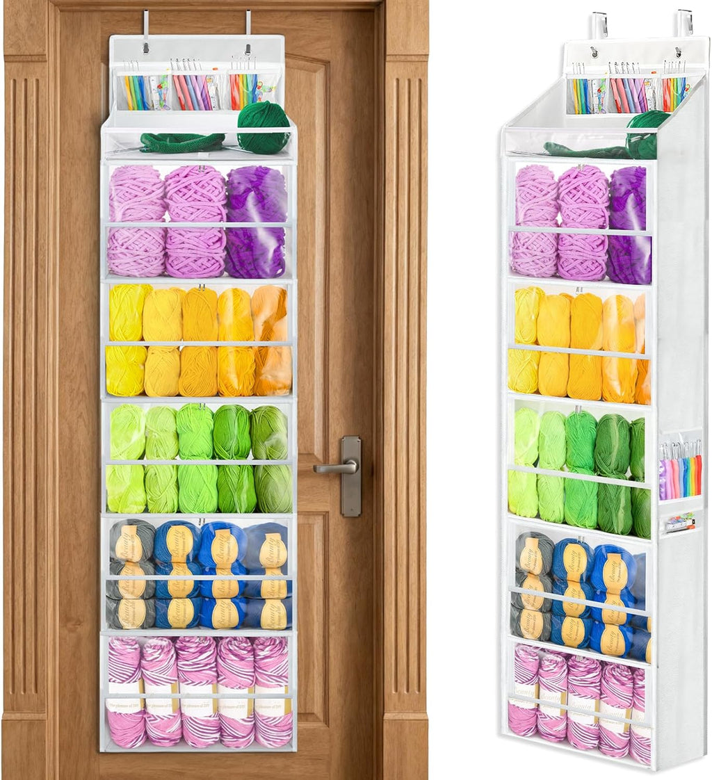 Yarn Storage Organizer, Yarn Holder Over the Door Hanging Crochet Kit Storage with 5 Zippered Compartments, Large Capacity Sewing Organizer Gifts for Knitters Needles Storage Crochet Hooks