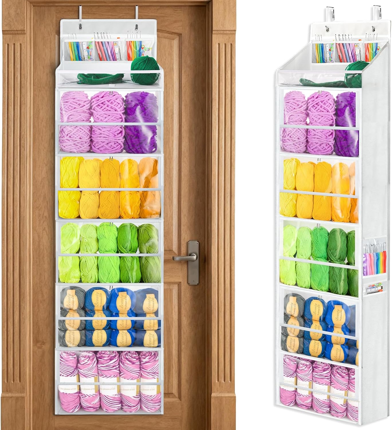Yarn Storage Organizer, Yarn Holder Over the Door Hanging Crochet Kit Storage with 5 Zippered Compartments, Large Capacity Sewing Organizer Gifts for Knitters Needles Storage Crochet Hooks