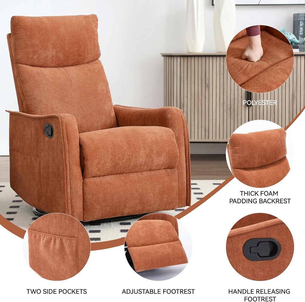 Anwick 360° Swivel Rocker Recliner Chair with Heat and Massage, Manual Upholstered Recliner for Small Spaces, Fabric Glider Nursery Chair with Side Pockets for Living Room (Orange)