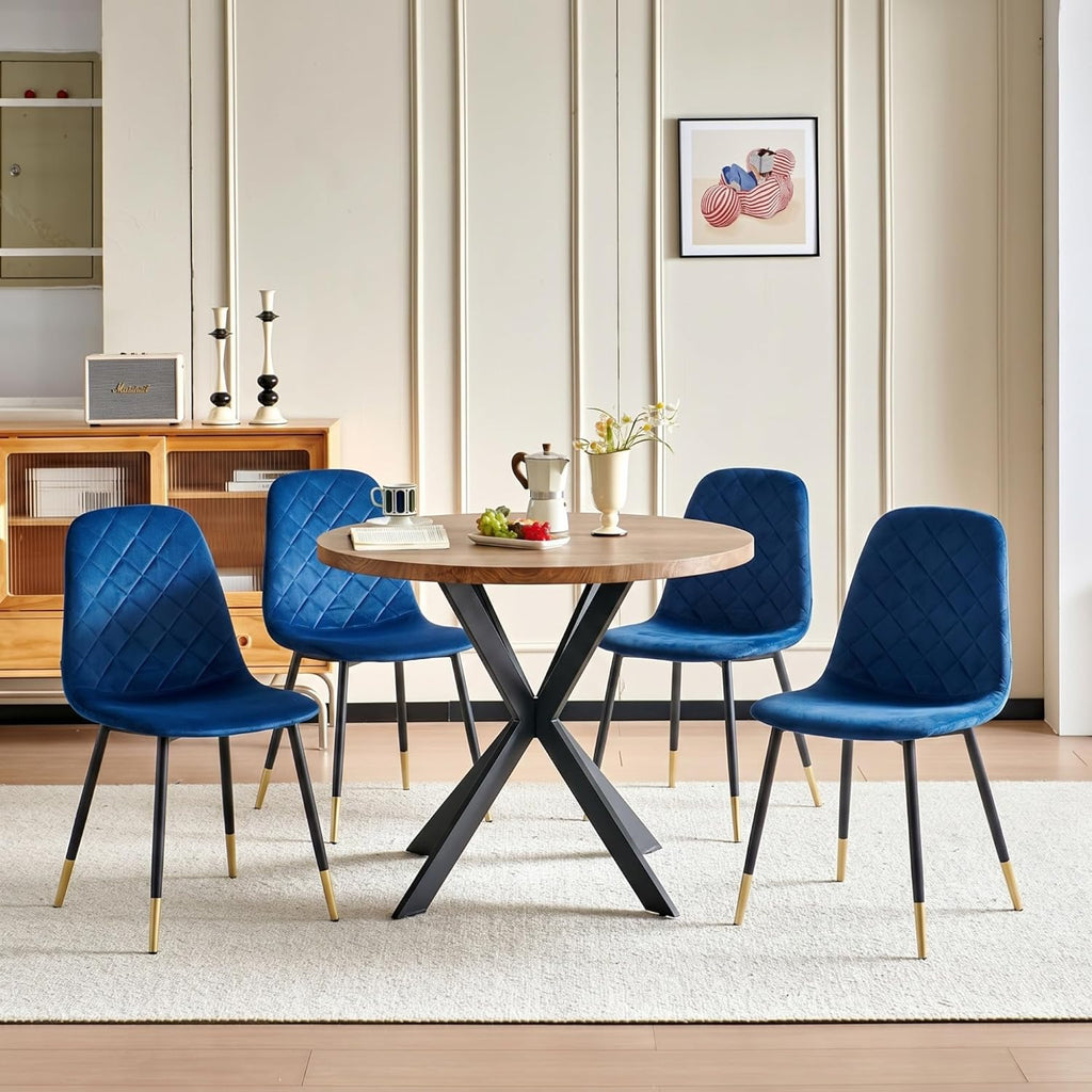 37" Round Table Set for 4, Mid Century Modern Small Kitchen Table Set, Space Saving, Dinette for Home, Apartment, Dining Room (Imitation Wood Table+ 4 Navy Blue Velvet Chairs)