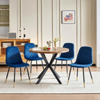 37" Round Table Set for 4, Mid Century Modern Small Kitchen Table Set, Space Saving, Dinette for Home, Apartment, Dining Room (Imitation Wood Table+ 4 Navy Blue Velvet Chairs)