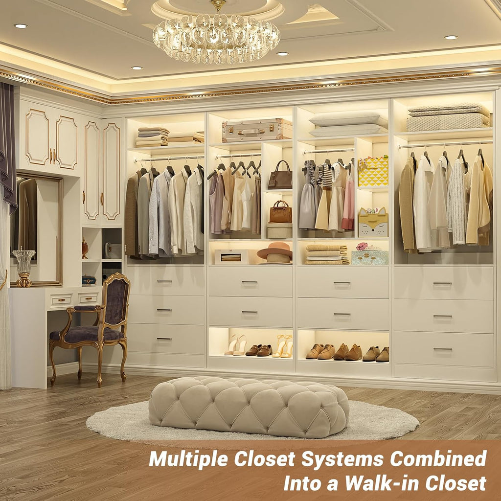 Besiost 4FT Closet Systems with 5 Drawers, 48" Closet Organizer System | Wood Closet Organizer with 2 Hanging Rods & 7 Shelves, Heavy Duty 48" Walk-in Closet for Nusery, White (48"L x 15" W x 80" H)