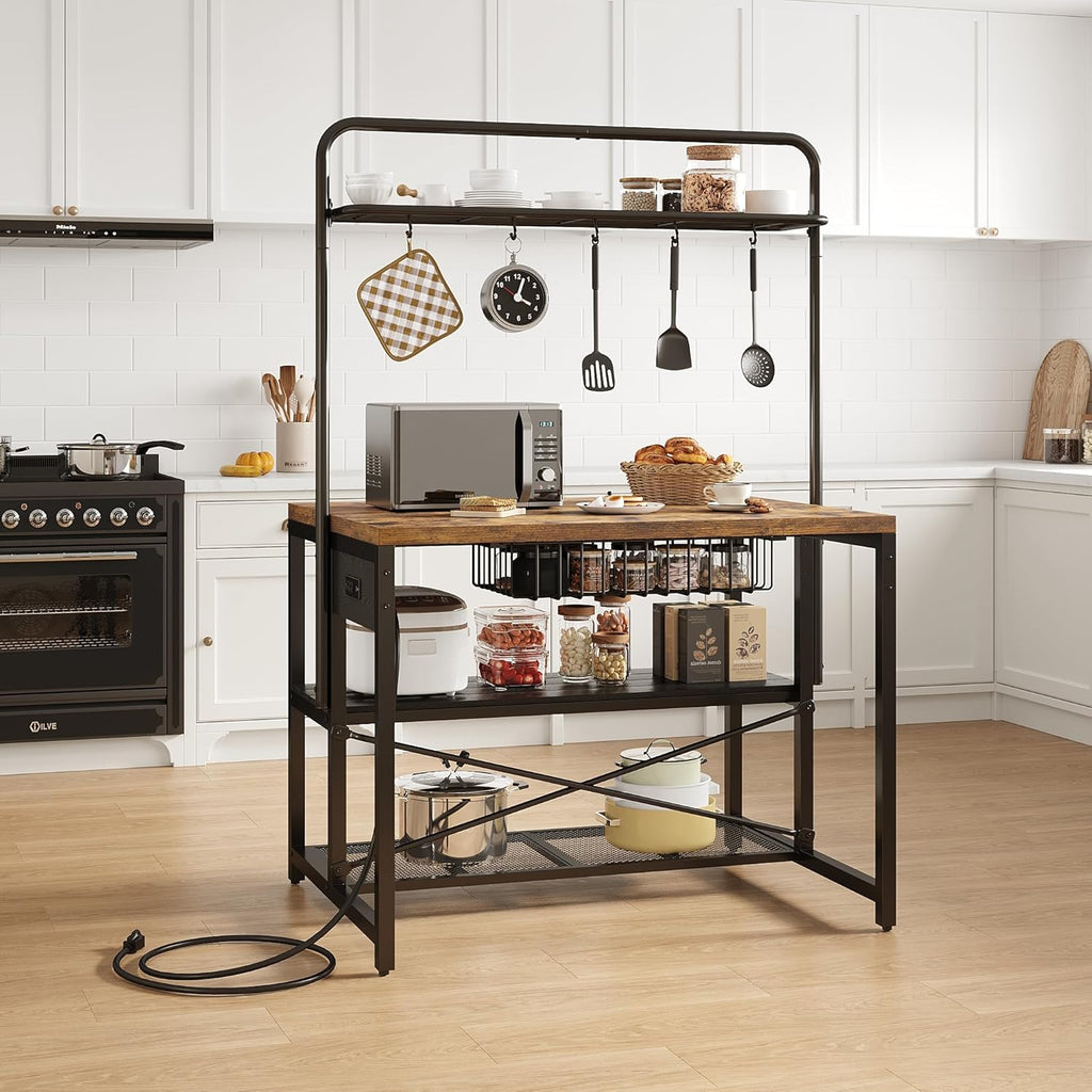 Jocoevol Kitchen Island with Storage, Bakers Rack with Storage & 3-Tier Shelves, Microwave Stand Coffee Bar Table with Hooks, Industrial Kitchen Island Table for Dining Living Room,Vintage