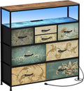 Tohomeor TV Stand with Power Oulet Dresser with Charging Station & LED Light with 8 Fabric Drawers for Living Room Storage Chest of Drawers Retro Dresser with Open Shelf Wooden Top