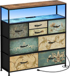 Tohomeor TV Stand with Power Oulet Dresser with Charging Station & LED Light with 8 Fabric Drawers for Living Room Storage Chest of Drawers Retro Dresser with Open Shelf Wooden Top