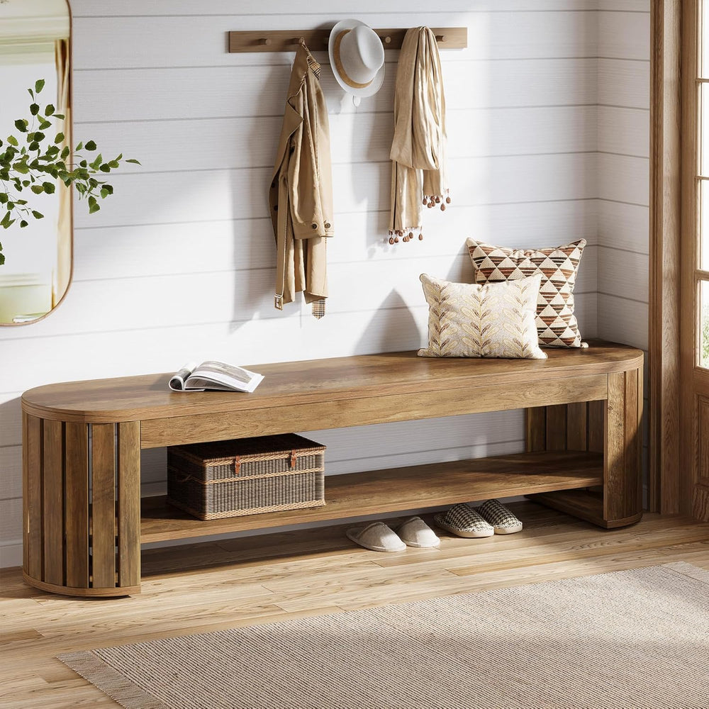 Tribesigns 63" Wooden Entryway Bench with Shoe Storage, Long 2-Tier Narr...