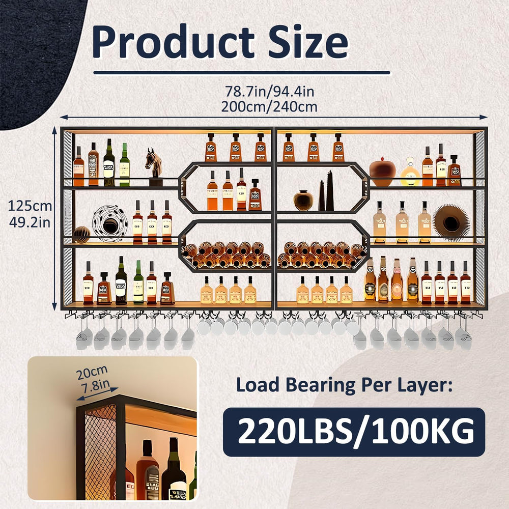 Large Liquor Shelf, Solid Wood Wall Mounted Wine Rack with Glass Holder &...