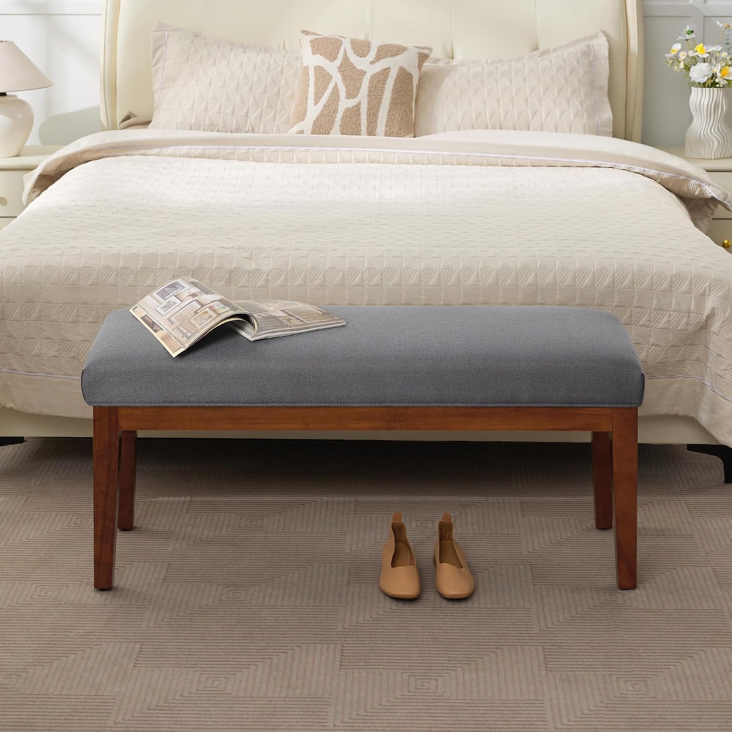 WUTUTUEE 43.5'' Linen Bedroom Bench, Upholstered End of Bed Bench, Padded Vintage Dining Bench, Entryway Bench with Solid Wood Legs, Kitchen, Living Room, Hallway, Dark Grey