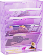 Hanging Wall File Organizer 6 Tier Wall Mounted Mail Paper Folder Holder Document Organization Stand, Vertical Desk Magazine Rack for Office Home Cubicle Countertop, Light Purple