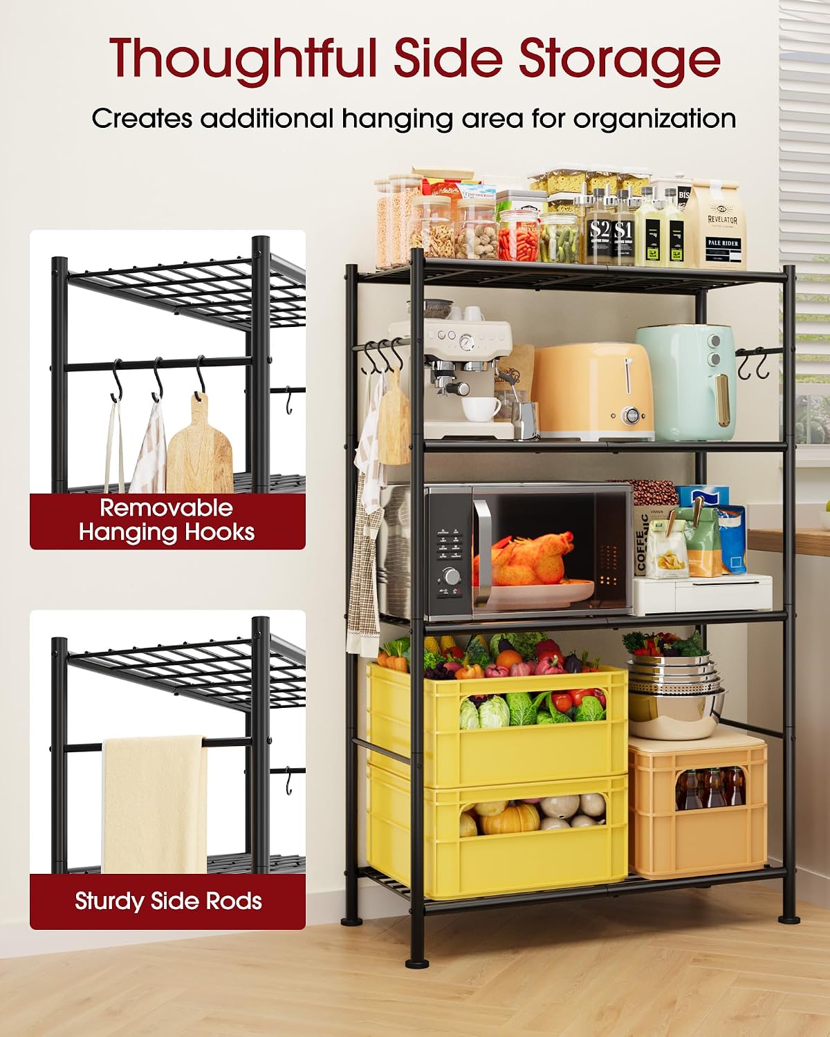 Sakugi Storage Shelves - 4-Tier Spacious Shelf Organizer with Hooks & Leveling Feet, Easy to Assemble, Rust-Resistant Garage Shelving for Kitchen, Pantry, Bedroom, 33.2" x 12.7" x 57.3", Black