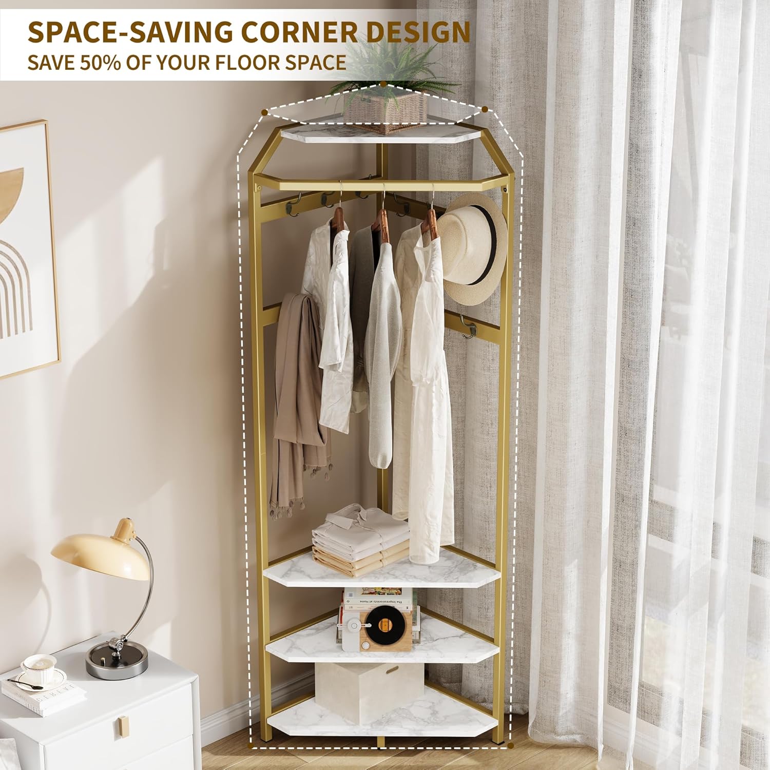 IDEALHOUSE Corner Coat Rack With Shoe Bench and 6 Double Hooks, Corner Hall Tree - Clothes Rack With Storage Hall Tree With Organizer Shelf for Entryway, Hallway, Closet (02-Gold)