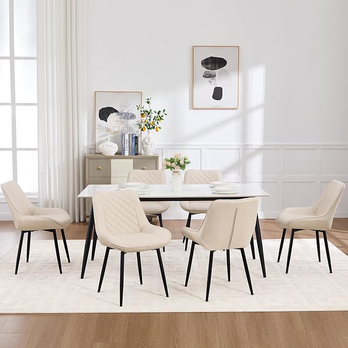 Dining Chair Set of 6, Modern Dining Chairs with Thick Cushions, Faux Leather Upholstered Kitchen Dining Room Chairs with Metal Adjustable Legs for Dining Living Room, Beige