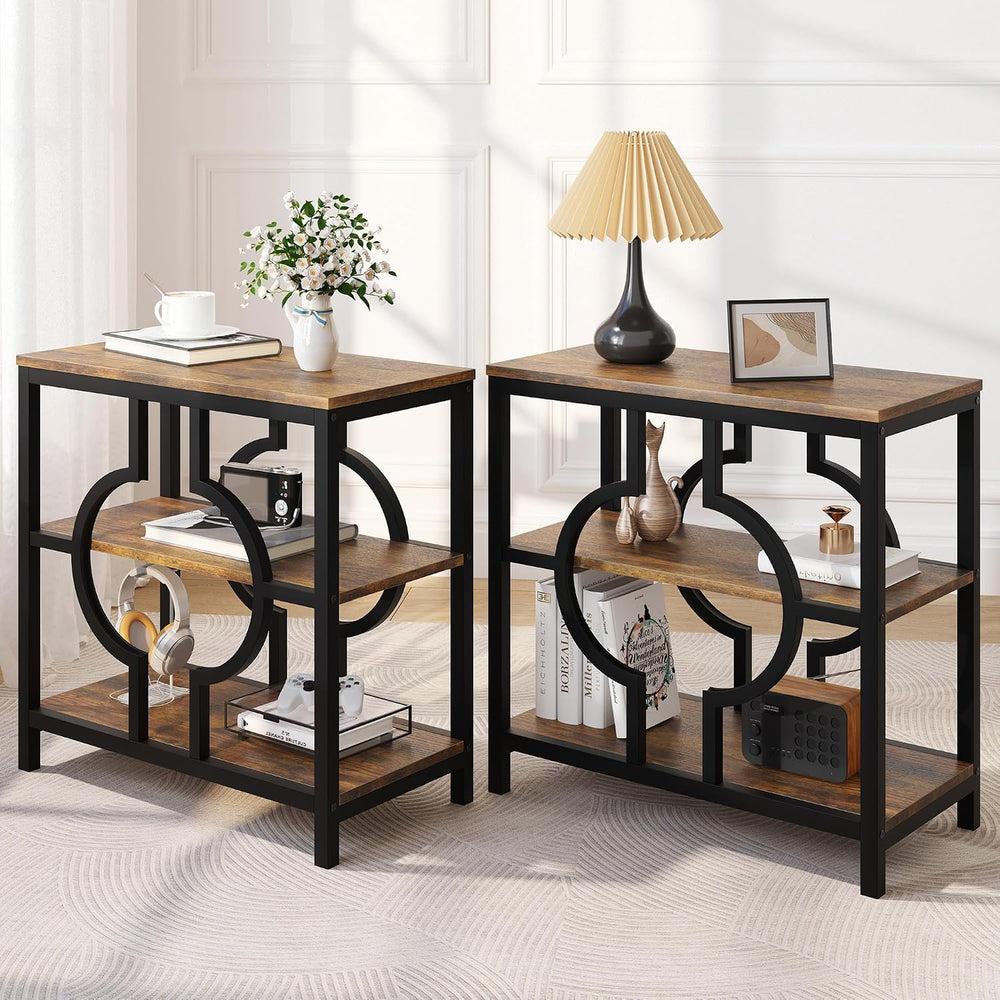 End Table Set of 2, Narrow Side Table with 3-Tier Storage Shelves, Wood Sofa ...