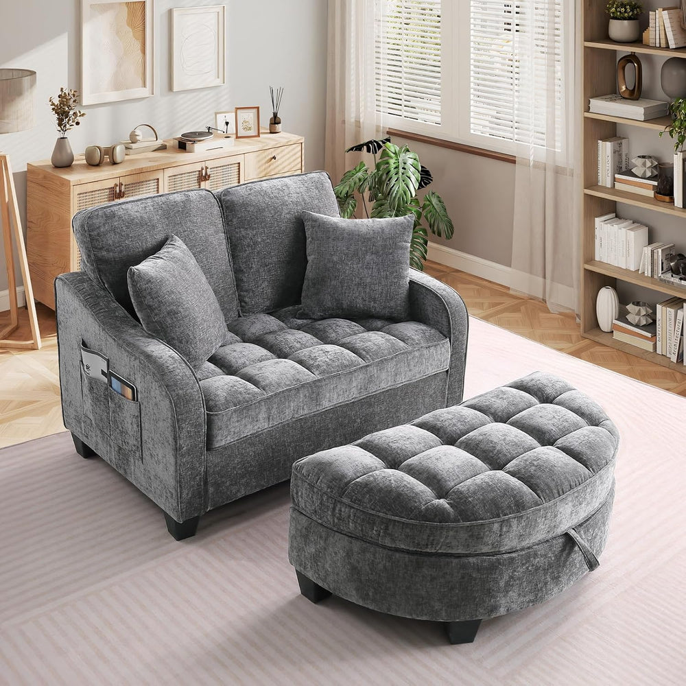 Oversized Chaise Lounge Chair Indoor with Ottoman, Chenille Tufted Comfy Love...