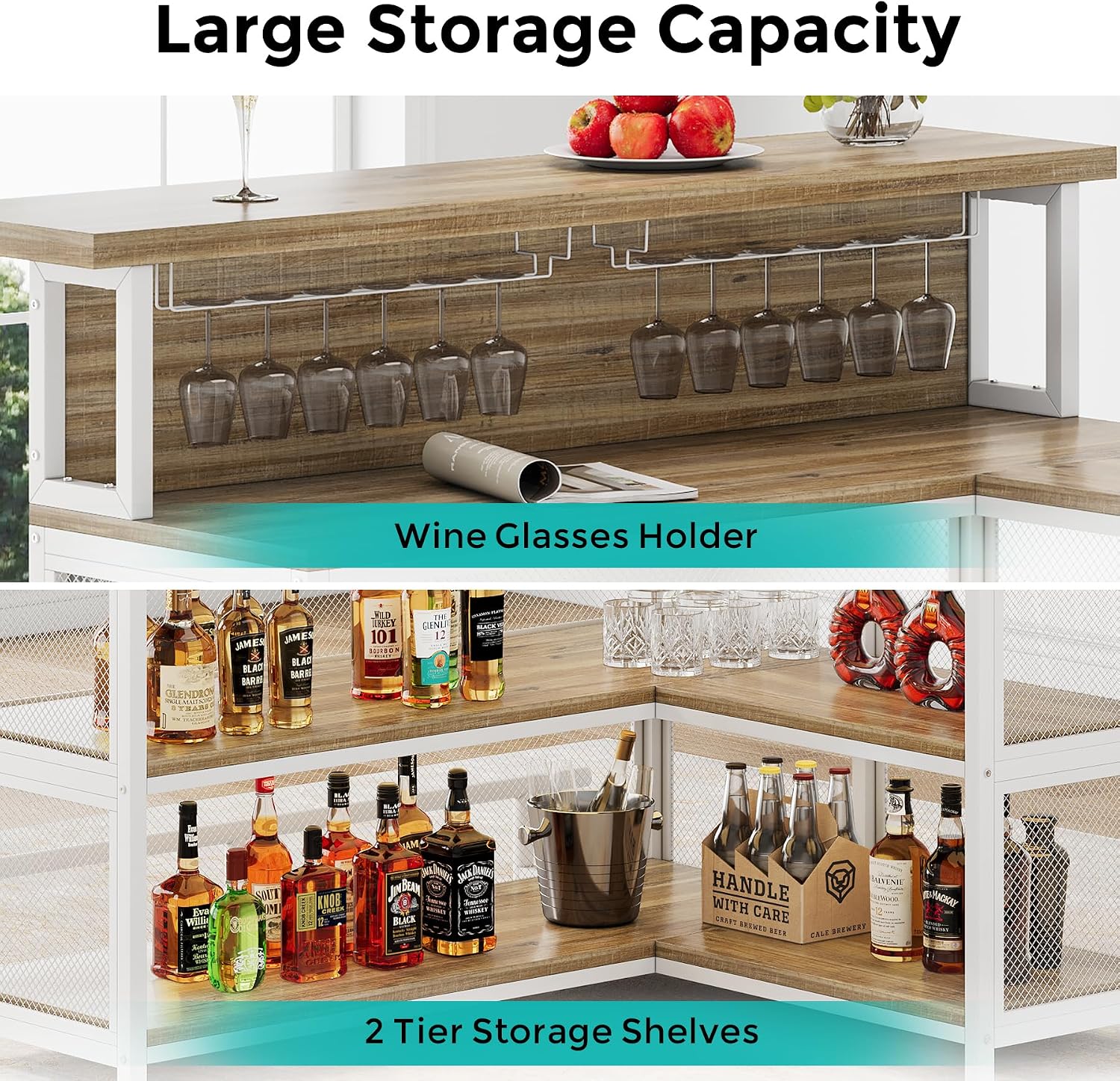 L-Shaped Home Bar Unit, Bar Table with Storage, Brown & White | Wine Glasses Holder and LED Light, Kitchen & Dining Counter Tables for Home, Pub