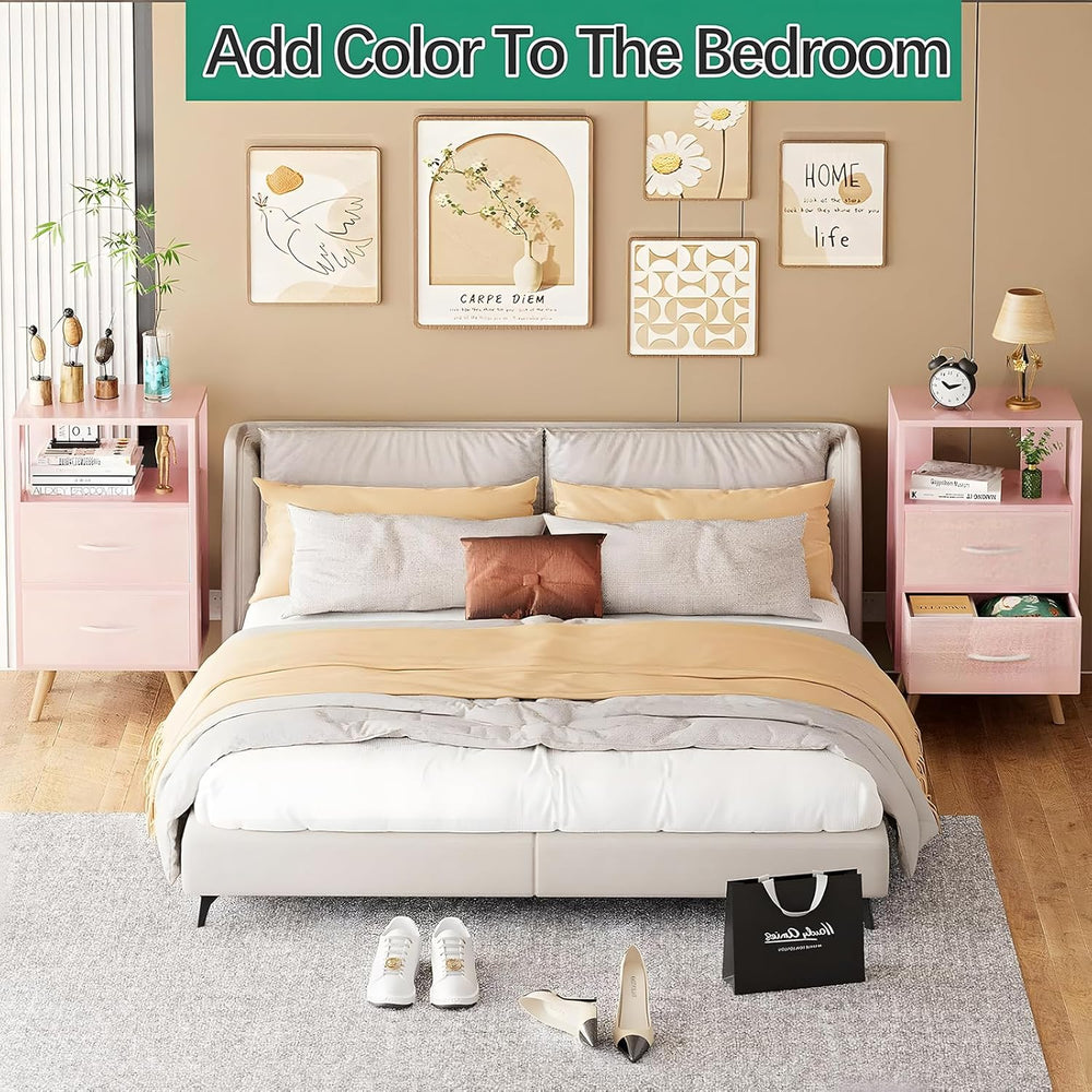 Aenuert Night Stand, Pink Nightstand with 2 Fabric Drawers, Wooden Side Table...