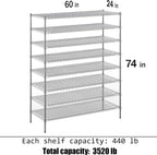 24" Deep x 60" Wide x 74" Height Wire Shelving Kit | 8-Tier | NSF Commercial Storage Rack Unit