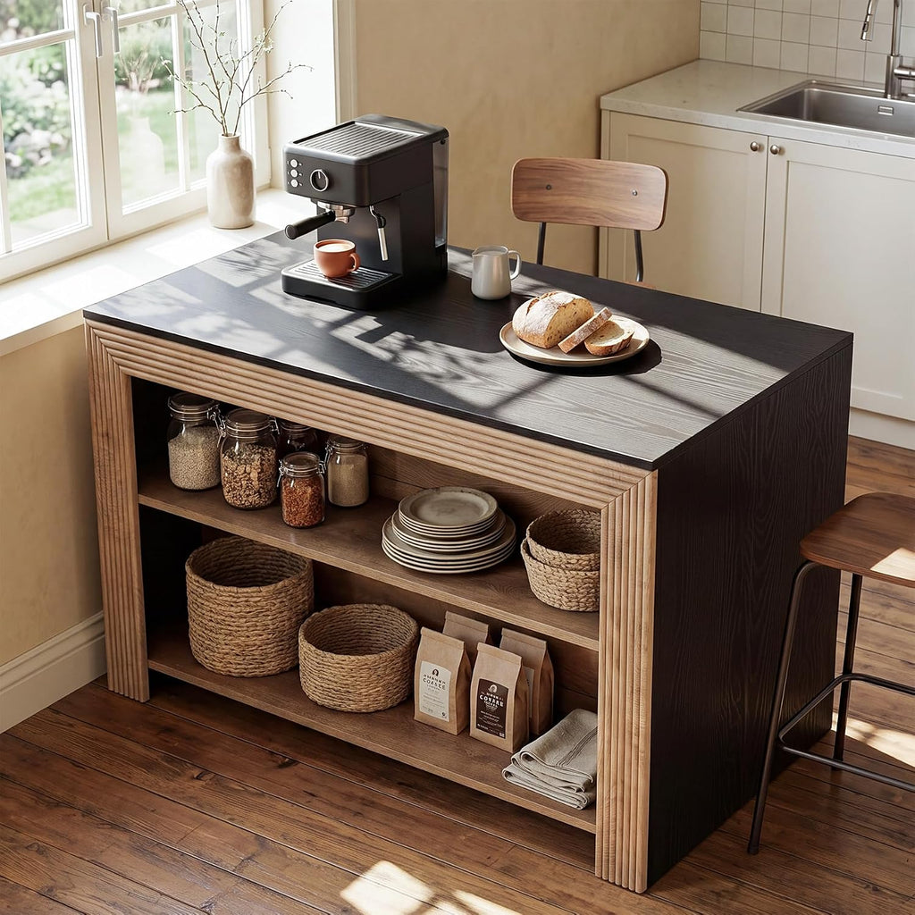 LITTLE TREE Kitchen Island with Storage, 55 Inch Island, Modern Farmhouse Kitchen Counter, Fluted Reeded Frame Open Shelves Prep Workstation, Black and Brown