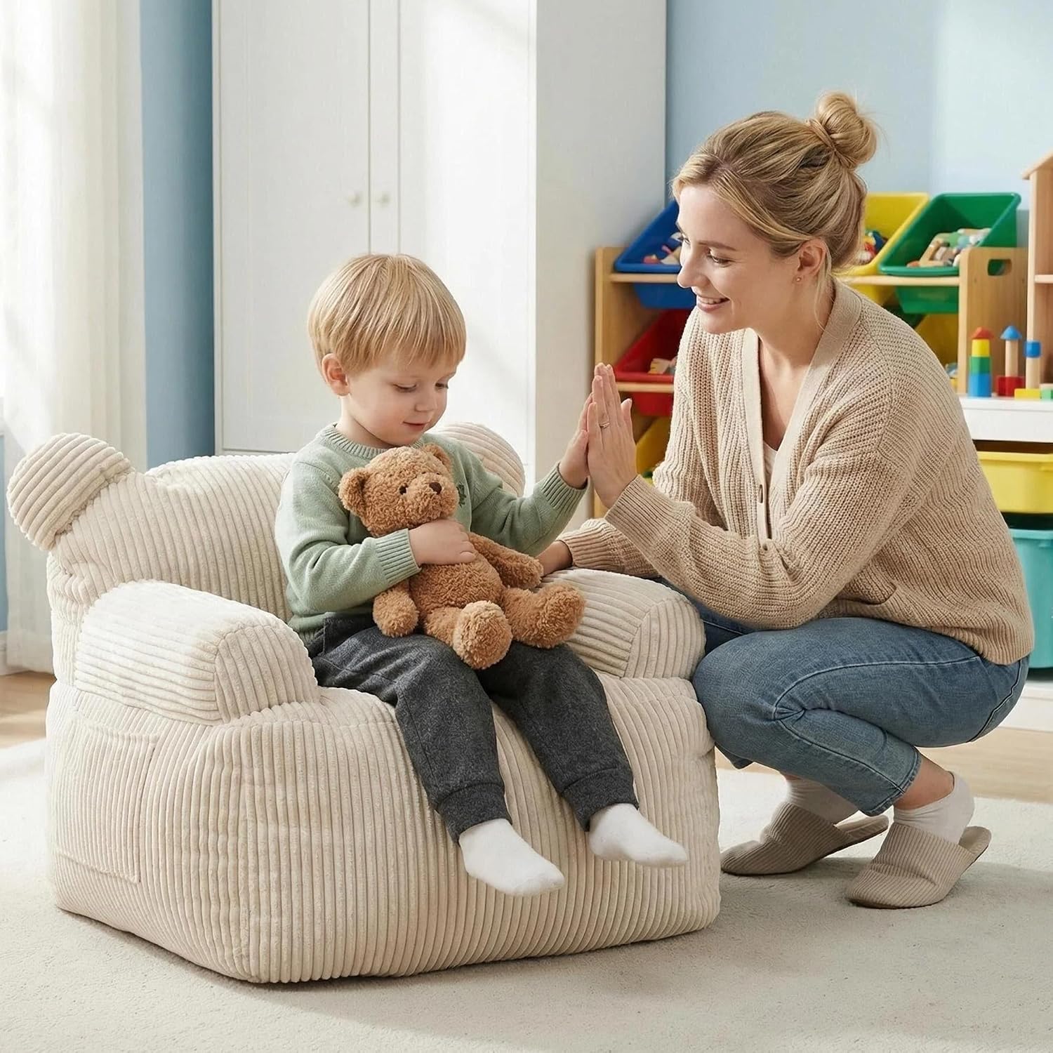 Kids Bear Ear Bean Bag Chair, Stuffed Toddler Sofa Chair with Pocket, Lazy Floor Chair for Boys and Girls, for Gaming, Reading, Nursery Playroom Bedroom