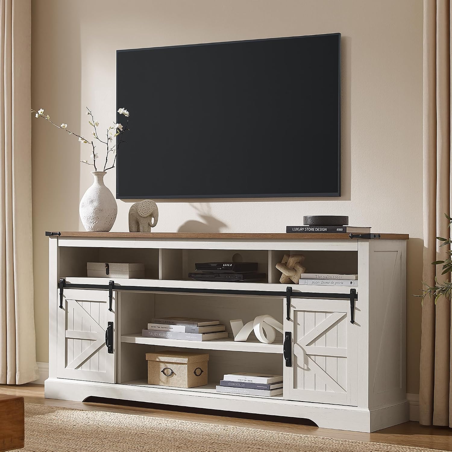 OKD 70" Farmhouse TV Stand for TVs up to 80", Antique White | 33" Tall, Rustic Entertainment Center, Sliding Barn Door, Large Open Storage Shelf, 2 Storage Cabinets, Living Room, Bedroom