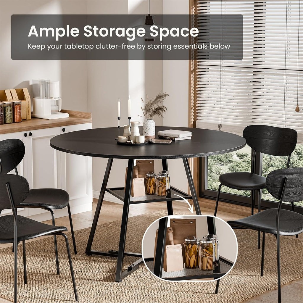 DUMOS 47" Round Dining Table for 4-6, Space Saving Kitchen Table with Dual-Tier Storage, Pedestal Metal Frame, Industrial Farmhouse Circle Dinner Table for Apartment, Black