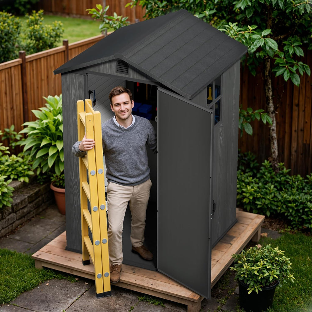 Devoko 4x4 FT Outdoor Shed, Compact & Secure Plastic Resin Storage with Lockable Door, Features Built-in Floor & Window for All-Weather Garden, Patio, and Poolside Organization, Deep Gray