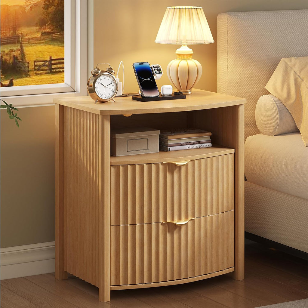 Dystler Fluted Night Stand with Gun Drawer & Card-Lock, 19.7" W Curved Nightstand with Charging Station and LED Lights, 2 Drawers Smart Bedside Table for Bedroom (1, Oak)