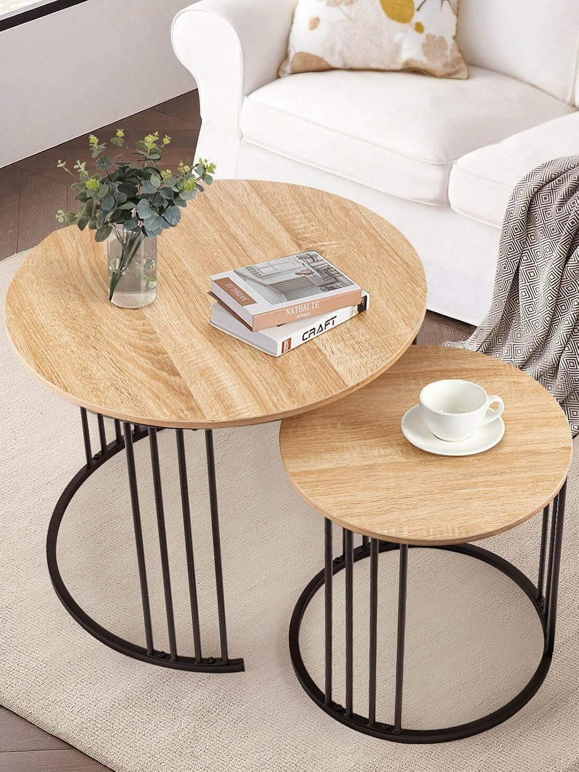 YORKING Nesting Coffee Table Set of 2, Round Table Set, Morden End Side Night Stand for Bedroom Dining Room （Wood）