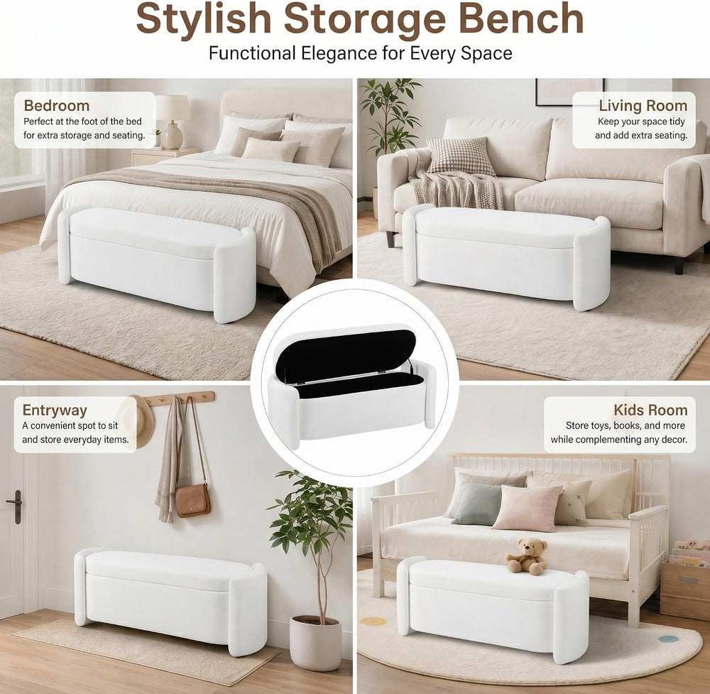 Oval White Velvet Storage Ottoman Bench, 48.8" | Velvet Upholstered Otto...
