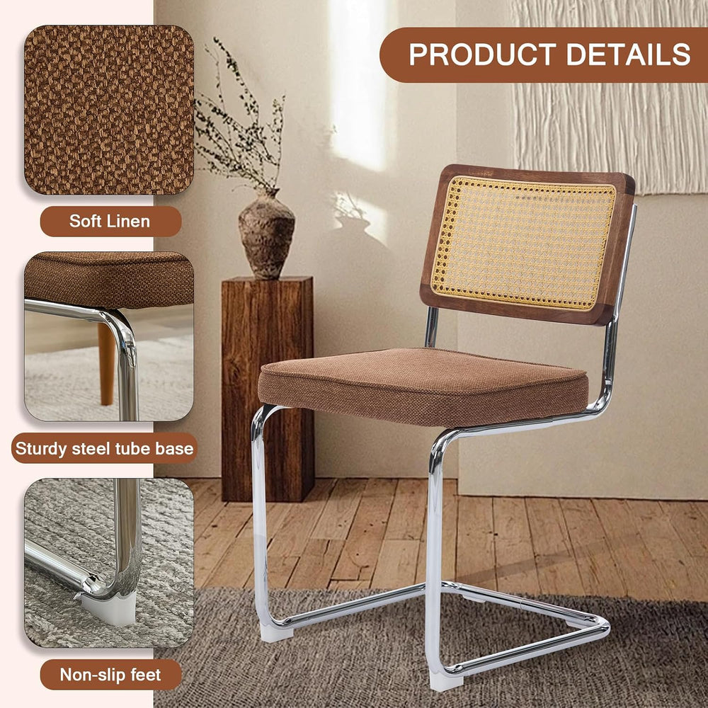 Rattan Back Linen Dining Chair Set of 4 Modern Stainless Chrome Base Armless ...