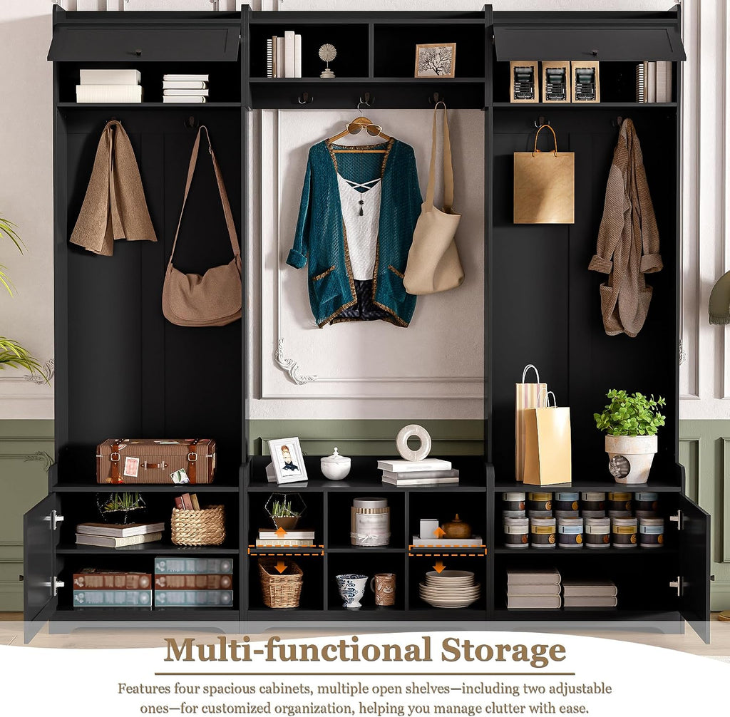 JIJIWANG 9.1''Wide Modern Hall Tree with Shoe Storage, 4-in-1 Multi-Functional Entryway Bench with 8 Cubbies, 7 Coat Hooks & Adjustable Shelf for Hallway, Living Room, Black
