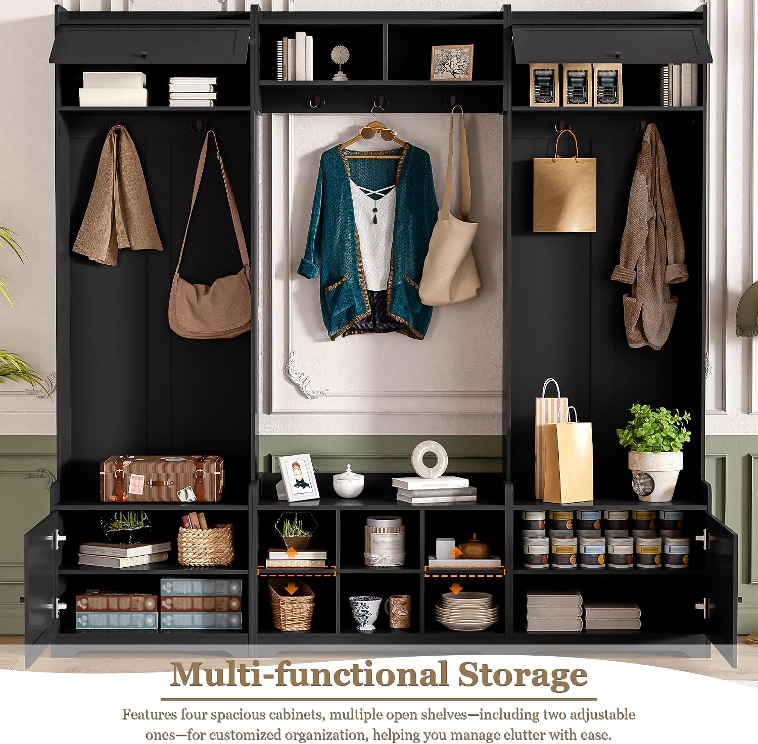 JIJIWANG 9.1''Wide Modern Hall Tree with Shoe Storage, 4-in-1 Multi-Functional Entryway Bench with 8 Cubbies, 7 Coat Hooks & Adjustable Shelf for Hallway, Living Room, Black