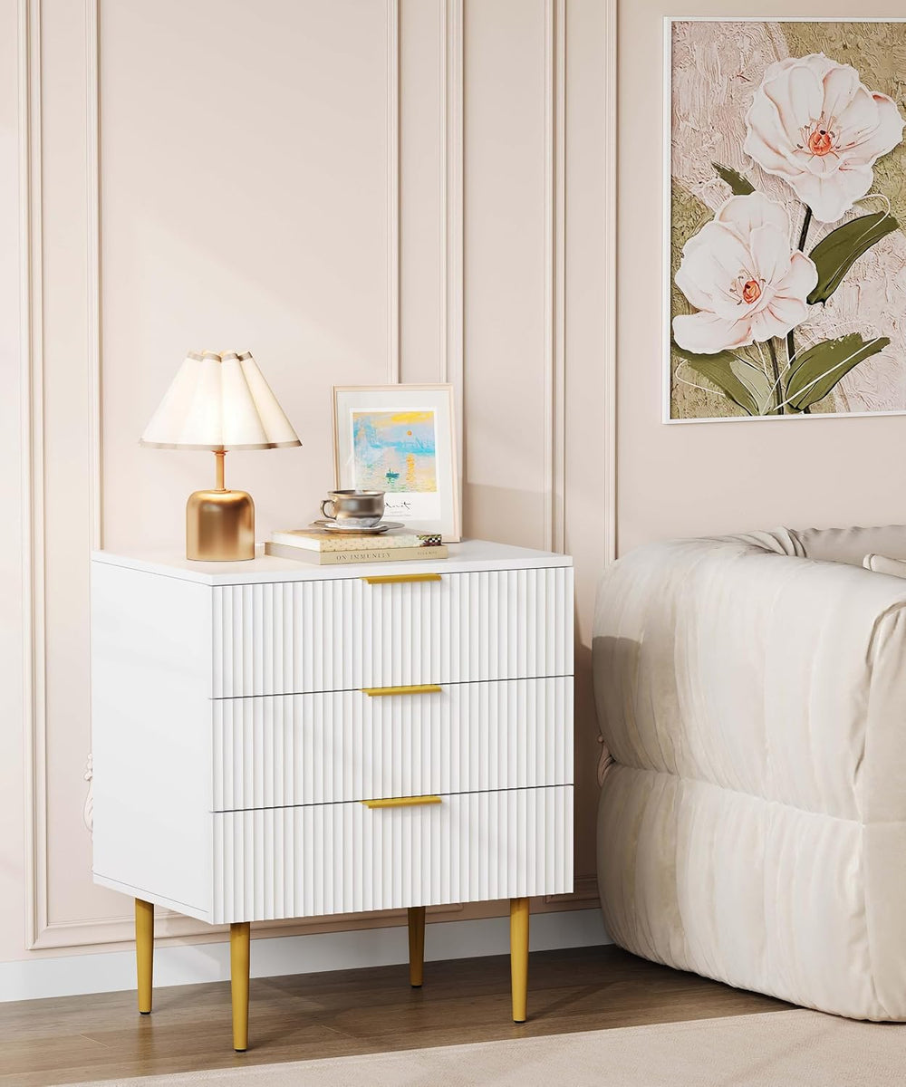 Akxomel Fluted Nightstand Side Table with Charging Station White Bedroom | 3 ...