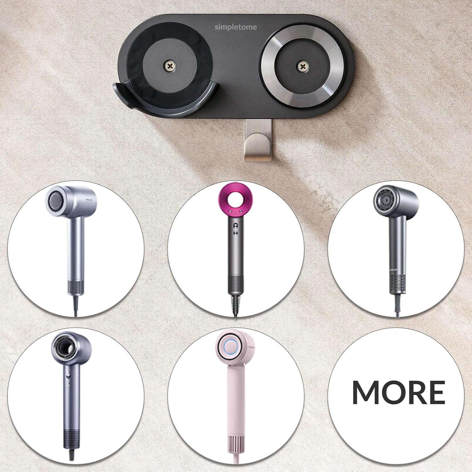 simpletome Hair Dryer Holder Wall Mount for All Magnetic High Speed Blow Dryer with Plug Cord Organizer Hook (Aluminum Alloy, White)