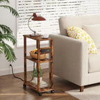 TUTOTAK Small Narrow Side Table with Charging Station, Skinny End Table for Small Spaces, Slim Nightstand with USB Ports and Outlet, Sofa Beside Table with Wheels, Rustic Brown TB01BB046C