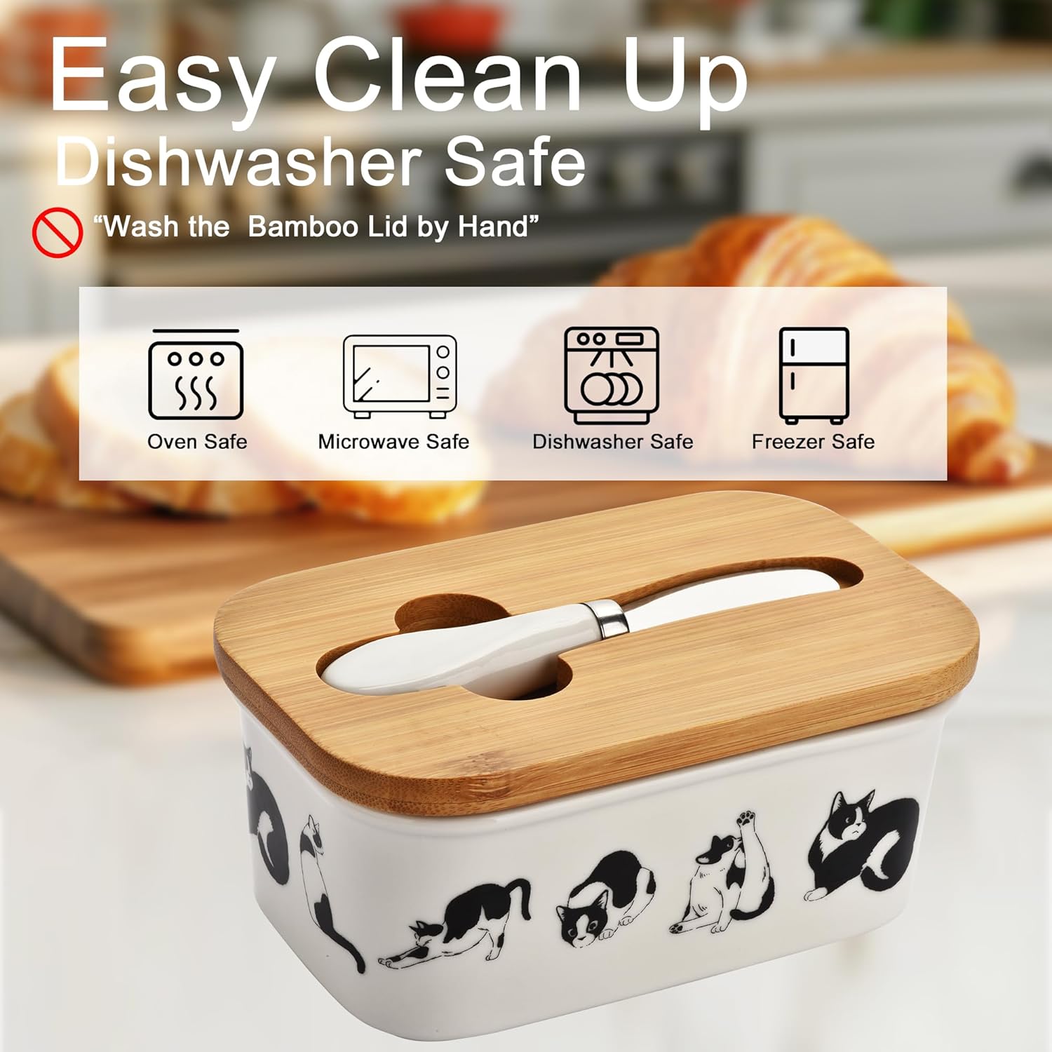 Cute Cat Large Butter Dish with Lid for Countertop,Cute kitten Ceramic Covered Butter Holder with Knife for Fridge, Airtight Butter Keeper Container Storage for East West Coast Butter,White