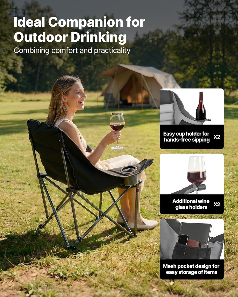 VEVOR Oversized Camping Chairs, 450 lbs Heavy Duty Support, Portable Padded F...