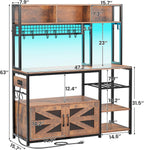 Itaar 47.2 Inch Bakers Rack with Power Outlet, Microwave Stand with Storage, Farmhouse Coffee Bar Cabinet Station with Wine Rack, Iron Mesh and 8-S Hooks (Rustic Brown)