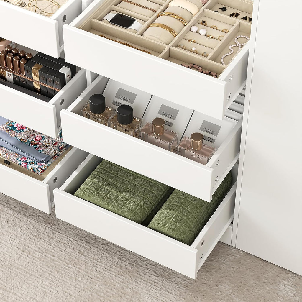 LIVAUVEAD Closet Island with 15 Drawers, Glass Top & Display Shelves, White | Wardrobe Armoire Bedroom Island, White Dresser with Glass Display Shelf, Walk-in Closet Island for Bedroom, Cloakroom