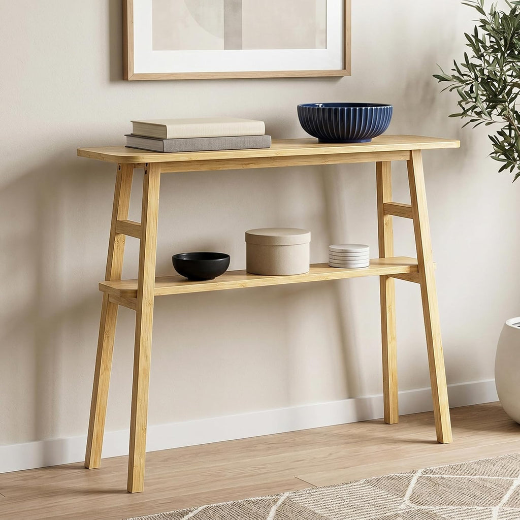 39.4" Solid Bamboo Entryway Console Table, Sofa Table Behind Couch, Narrow Bamboo Wood Entry Table with Storage Shelves for Living Room, Hallway，Modern, Easy Assembly, Natural
