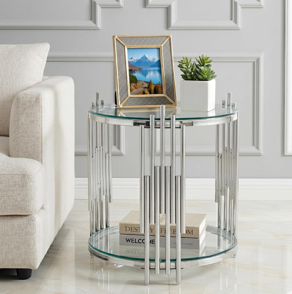 Modern Glass End Table, 19.69" Round Sofa Side Table with Silver Stainle...